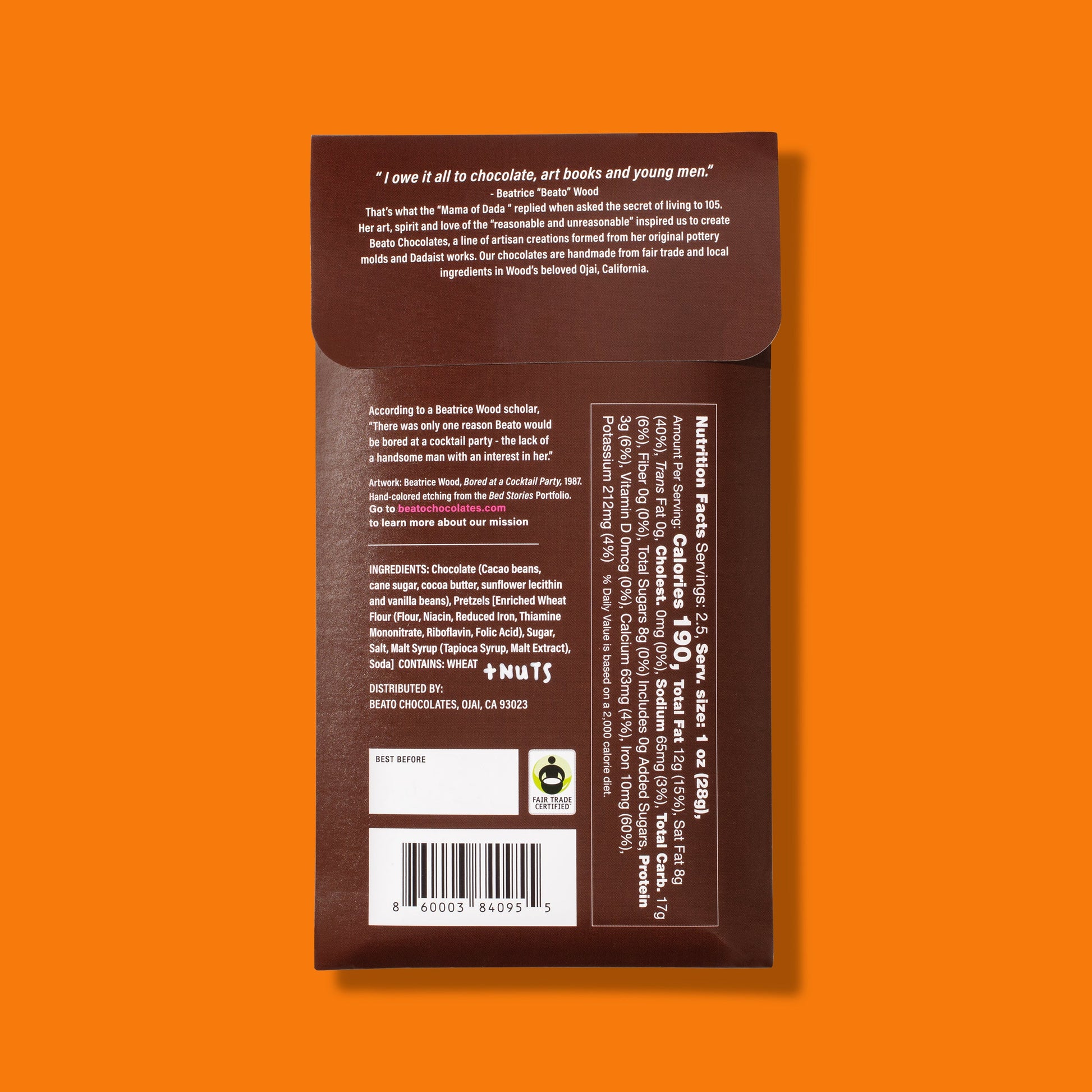 Chocolate (Cacao beans, cane sugar, cocoa butter, sunflower lecithin and vanilla beans), Pretzels [Enriched Wheat Flour (Flour, Niacin, Reduced Iron, Thiamine Mononitrate, Riboflavin, Folic Acid), Sugar, Salt, Malt Syrup (Tapioca Syrup, Malt Extract), Soda] Contains: Wheat