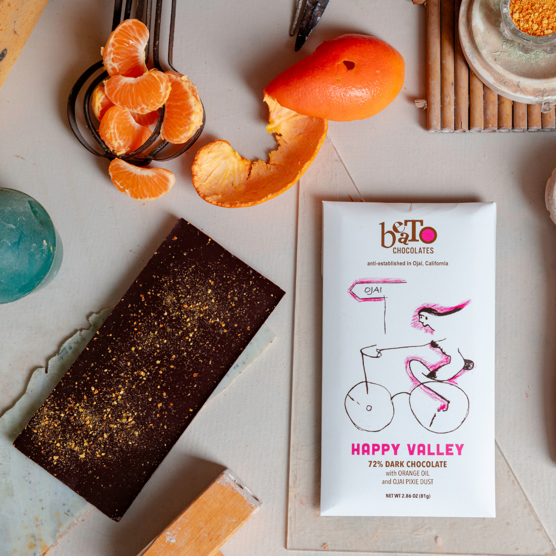 Flavors of gourmet dark chocolate infused with orange oil and dusted with Ojai Pixie tangerine. This classic combination creates a symphony of sweet and tangy notes will transport you right into Ojai’s famed orange groves.